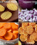Zemcxney stainless steel crinkle cutter for veggies; shows crinkle-cut potatoes, onion chunks, carrot chunks