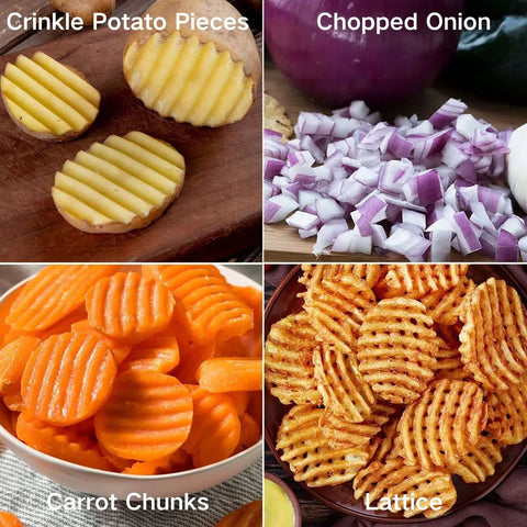 Zemcxney stainless steel crinkle cutter for veggies; shows crinkle-cut potatoes, onion chunks, carrot chunks