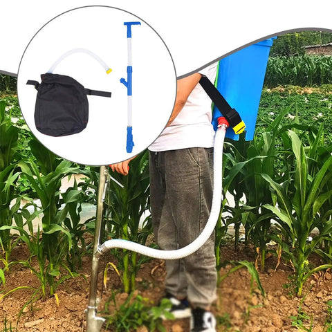 Spreader Backpack Sprayer For Granular Manure And Fertilizer in use, featuring easy grip PVC handle and hose, in cornfield setting.