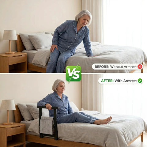 Adjustable Bed Rail For Seniors, Sturdy Grab Bar Supports Up To 300 Lbs in use, before and after installation view.