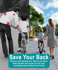 Demonstration of Kids Bike Trainer Handle for Learning to Ride, Extended 21 to 30 Inch Balance Push Bar in use with parents and child.