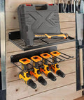 Heavy Duty Power Tool Organizer With Charging Station And Drill Holder Wall Mount Pegboard Style Garage Storage Shelves For Quick Access And Tidy Workshop Solid Metal Black holding drills and tools.