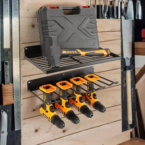 Heavy Duty Power Tool Organizer With Charging Station And Drill Holder Wall Mount Pegboard Style Garage Storage Shelves For Quick Access And Tidy Workshop Solid Metal Black holding drills and tools.