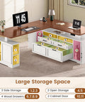 L Shaped Electric Standing Desk With Four Wood Drawers Farmhouse Executive Workstation showing storage space and adjustable features.