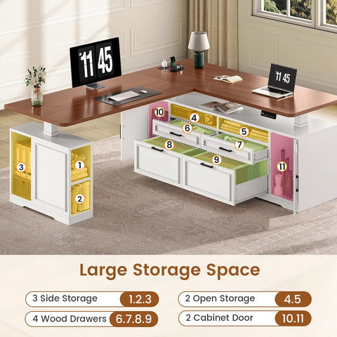 L Shaped Electric Standing Desk With Four Wood Drawers Farmhouse Executive Workstation showing storage space and adjustable features.