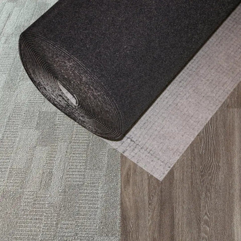 Built Different Premium Flooring Underlayment For Luxury Vinyl Plank And Carpet Tile Roll shown with roll and textures laid out.