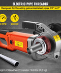 Powerful 2300W Pipe Threader For Half To Two Inch Pipes With 6 Dies And 110V Handheld Electric Threading Machine Copper Motor 22 RPM No Load Speed Portable Kit With Carrying Case By VEVOR displayed with pipe and threading machine