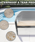 Two Pack Heavy Duty Clear Plastic Patio Bench Cover For Outdoor Furniture Waterproof And Reusable Extra Thick 4mm Cushion Protector Universal Fit For 58 By 28 By 52.5 Inch Loveseats And Cushions Weatherproof shown protecting a bench by poolside.