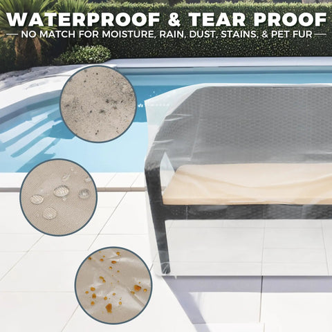 Two Pack Heavy Duty Clear Plastic Patio Bench Cover For Outdoor Furniture Waterproof And Reusable Extra Thick 4mm Cushion Protector Universal Fit For 58 By 28 By 52.5 Inch Loveseats And Cushions Weatherproof shown protecting a bench by poolside.