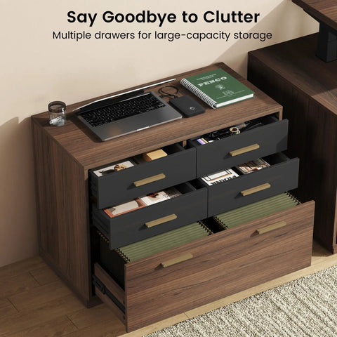 Fly Setup L Shaped Electric Standing Desk With Drawers And USB Charging Ports Dead Quiet with multiple storage drawers.