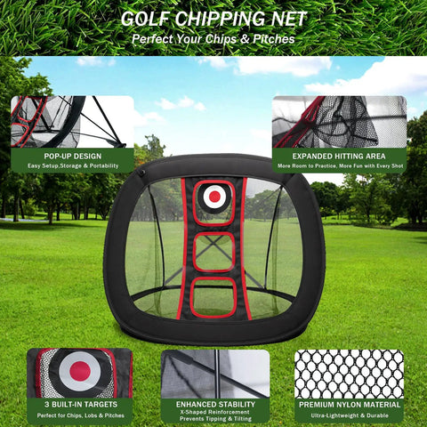 Golf Chipping Net Set With Mat And 12 Practice Balls For Backyard And Indoor Practice Portable All In One Golf Training Kit features pop-up net with targets against outdoor setting.