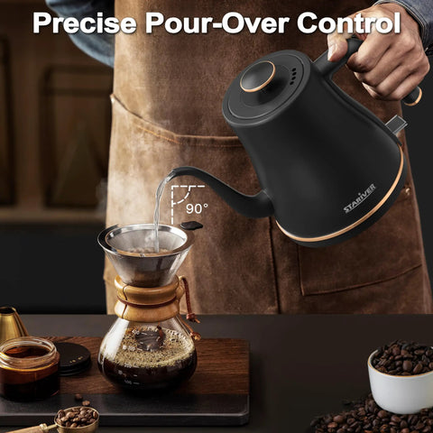 Gooseneck Electric Kettle 0.8L For Pour Over Coffee And Tea With Precision Spout Stainless Steel Inner Lid And Bottom Auto Shut Off Boil Dry Protection Black For Coffee Nerds And Tea Lovers Who Want That Barista Style Pour Every Time being used to pour water into a coffee dripper on a wooden table.