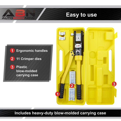Hydraulic Crimp Tool 16 Ton With 11 Dies For Battery Cable Crimping in yellow carrying case with ergonomic handles
