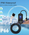 Level 2 Electric Vehicle Charger With 32 Amp Output And 16 Foot Cable Dual Nema Plugs displayed in mountainous weather with IP66 waterproof rating.