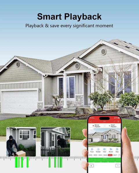 Smartphone displaying live footage from Four Channel 1080P Wired Home Security Camera System With 512GB HDD, secure house shown.