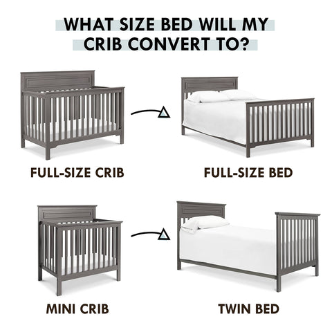 Diagram showing conversion of cribs to beds using Hidden Hardware Kid Friendly Twin And Full Size Bed Conversion Kit For Cribs In White Safe Non Toxic NZ Pine Finish Converts Full Crib To Full Bed Or Mini Crib To Twin Bed Rails Included Mattress And Box Spring Sold Separately.