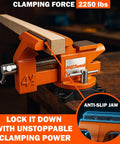 Four And A Half Inch Bench Vise With 240 Degree Swivel Base And Anvil, showing clamping force and anti-slip jaw.