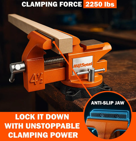 Four And A Half Inch Bench Vise With 240 Degree Swivel Base And Anvil, showing clamping force and anti-slip jaw.