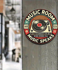 Round metal wall sign featuring retro music room turntable design, vintage aluminum, 8-inch indoor/outdoor decor.