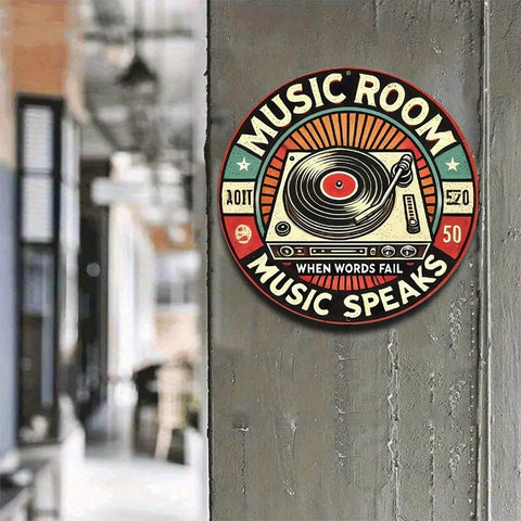 Round metal wall sign featuring retro music room turntable design, vintage aluminum, 8-inch indoor/outdoor decor.
