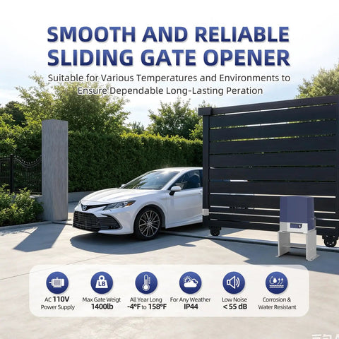 Heavy Duty 1400 Lb Automatic Sliding Gate Opener For Gates Up To 40 Feet, showcasing car entering through the opened gate