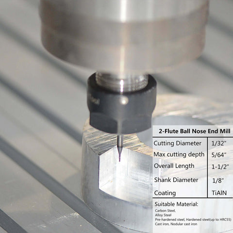 Close-up of SpeTool carbide ball-nose end mill with TiAlN coating, 1/32 in dia, 1/8 in shank, cutting metal