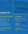 Front view of Adventure Medical Kit Ultralight/Watertight Medical Kit supply list showing Bandages, Medication, Blister items