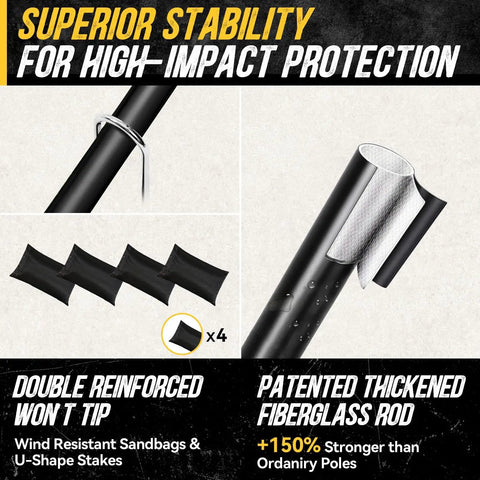 Superior stability features of the 7x7 Baseball And Softball Net With Large Ball Collection System's fiberglass rod and sandbags.