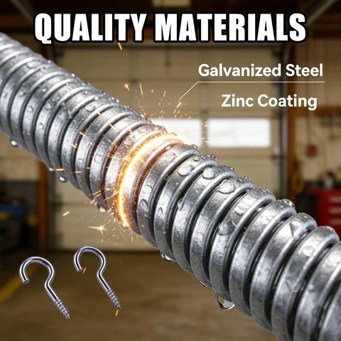 Close-up of V6 Door Spring For Screen Door Sixteen Inches Long Half Inch Wire Diameter Galvanized Steel Closure Spring With Two Hooks.