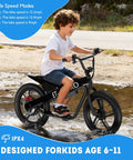 Kids Electric Bike With 350W Motor, 15.5 MPH Top Speed, 36V 5.2Ah Battery, 10 Mile Range, 16 Inch Pneumatic Tires, Dual Braking, For Ages Six And Up, Rugged Off Road Electric Bicycle, boy riding in shallow water