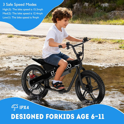 Kids Electric Bike With 350W Motor, 15.5 MPH Top Speed, 36V 5.2Ah Battery, 10 Mile Range, 16 Inch Pneumatic Tires, Dual Braking, For Ages Six And Up, Rugged Off Road Electric Bicycle, boy riding in shallow water
