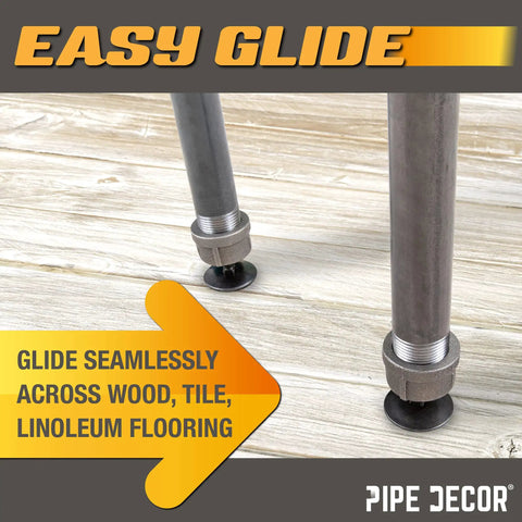 Easy glide adjustable pipe leg levelers for 1 inch pipe legs with floor-safe feet, ideal for tables, shelves, and dressers.