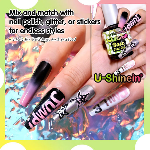 Nails with black and pink designs using DIY Poke Gel Nail Polish Kit With Base Coat And Wood Sticks For Creative Nail Art Blooming Gel