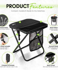 Ultra Lightweight Foldable Stool With 3 Side Pockets And Shoulder Strap Beefy Heavy Duty Camping Chair Supports Up To 400 Lbs Portable Outdoor Seat For Hiking Fishing And Camp Trips, showcasing product features such as mesh pocket and steel frame.