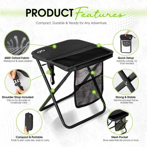 Ultra Lightweight Foldable Stool With 3 Side Pockets And Shoulder Strap Beefy Heavy Duty Camping Chair Supports Up To 400 Lbs Portable Outdoor Seat For Hiking Fishing And Camp Trips, showcasing product features such as mesh pocket and steel frame.