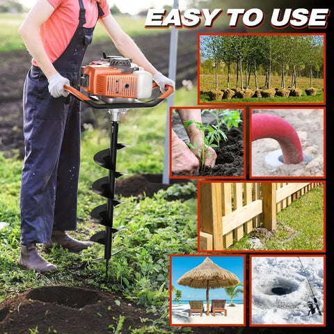Person using 85cc Gas Powered Post Hole Digger with Earth and Ice Auger for garden and fence projects, includes drill bits and extensions.