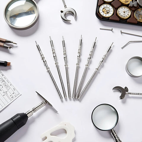 5 Piece Silver Movement Watch Stem Crown Kit For NH Series Movements NH35 NH36 NH38 NH39 with repair tools on a table