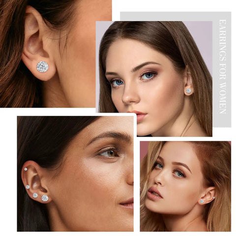 Disco Ball CZ Stud Earrings Set Four Pairs In 3mm 4mm 5mm And 6mm Sizes Hypoallergenic Titanium Cubic Zirconia Balls Sparkle For Everyday Vibe Wear Solo Or Stacked Jewelry on four women