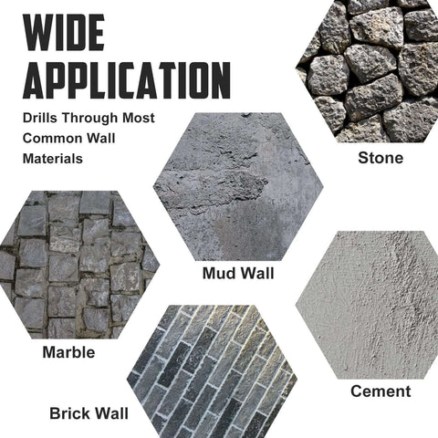 YOUGFIN drill bits: infographic showing wide application across stone, mud wall, cement, brick wall, and marble.