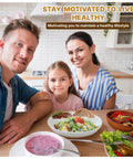 Family at dining table with healthy meal, smiling with Portion Control Plate For Adults Divided Plate For Weight Loss Ideal For Bariatric And Diabetic Diets Durable Porcelain Easy To Clean Oven Safe Three Magnetic Calorie Charts Included.