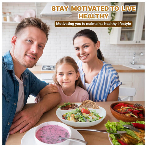Family at dining table with healthy meal, smiling with Portion Control Plate For Adults Divided Plate For Weight Loss Ideal For Bariatric And Diabetic Diets Durable Porcelain Easy To Clean Oven Safe Three Magnetic Calorie Charts Included.