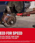 Cordless Electric Ratchet Wrench With 3/8 And 1/2 Inch Swappable Anvils Blazing 300 Rpm in use on brake assembly.