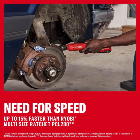 Cordless Electric Ratchet Wrench With 3/8 And 1/2 Inch Swappable Anvils Blazing 300 Rpm in use on brake assembly.
