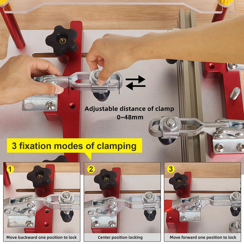 Pro Grade Coping Sled For Router Table Aluminum Rail Guide showing adjustable clamp and three fixation modes