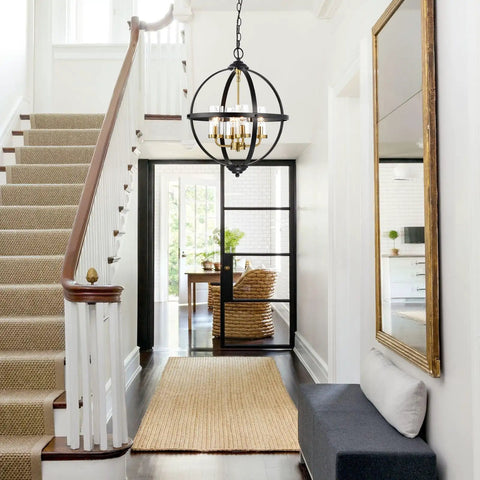 Rustic Black And Gold Finish Four Light Globe Pendant Chandelier With Glass Covers Vintage Hanging Ceiling Light For Living Room Entryway And Dining Room Seventeen Inch Diameter hanging in entryway