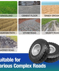 Four Pack 10 Inch Flat Free Tires Solid PU Foam Wheels for Various Roads including grassland and cement floor.