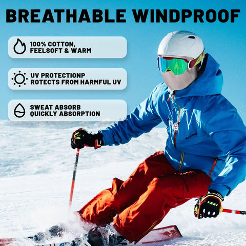 Skier wearing breathable windproof gear showcasing Two Pack FR Fire Resistant Face Masks for Men Balaclava Style Welding Hood Gear.