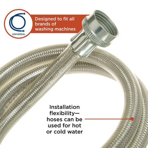 Heavy Duty Stainless Steel Washing Machine Hoses, 4-Foot, 2-Pack With Lead-Free Construction and Polymer Coating for Leak-Free Washing