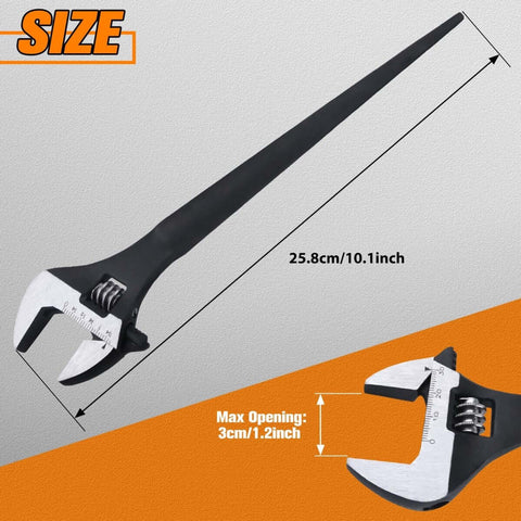 8 Inch Adjustable Spud Wrench With Black Oxide Finish Dual SAE And Metric Scale Up To 30mm Nuts And Bolts, Size Details