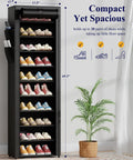 Heavy Duty 10 Tier Shoe Rack With Cover saves serious floor space in the entryway or mudroom with 20 pairs.